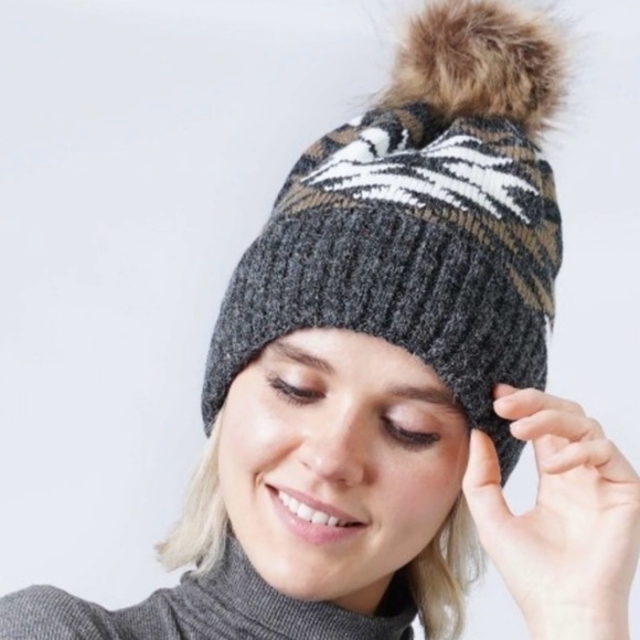 Aztec Print Knit Beanie With Pom Pom